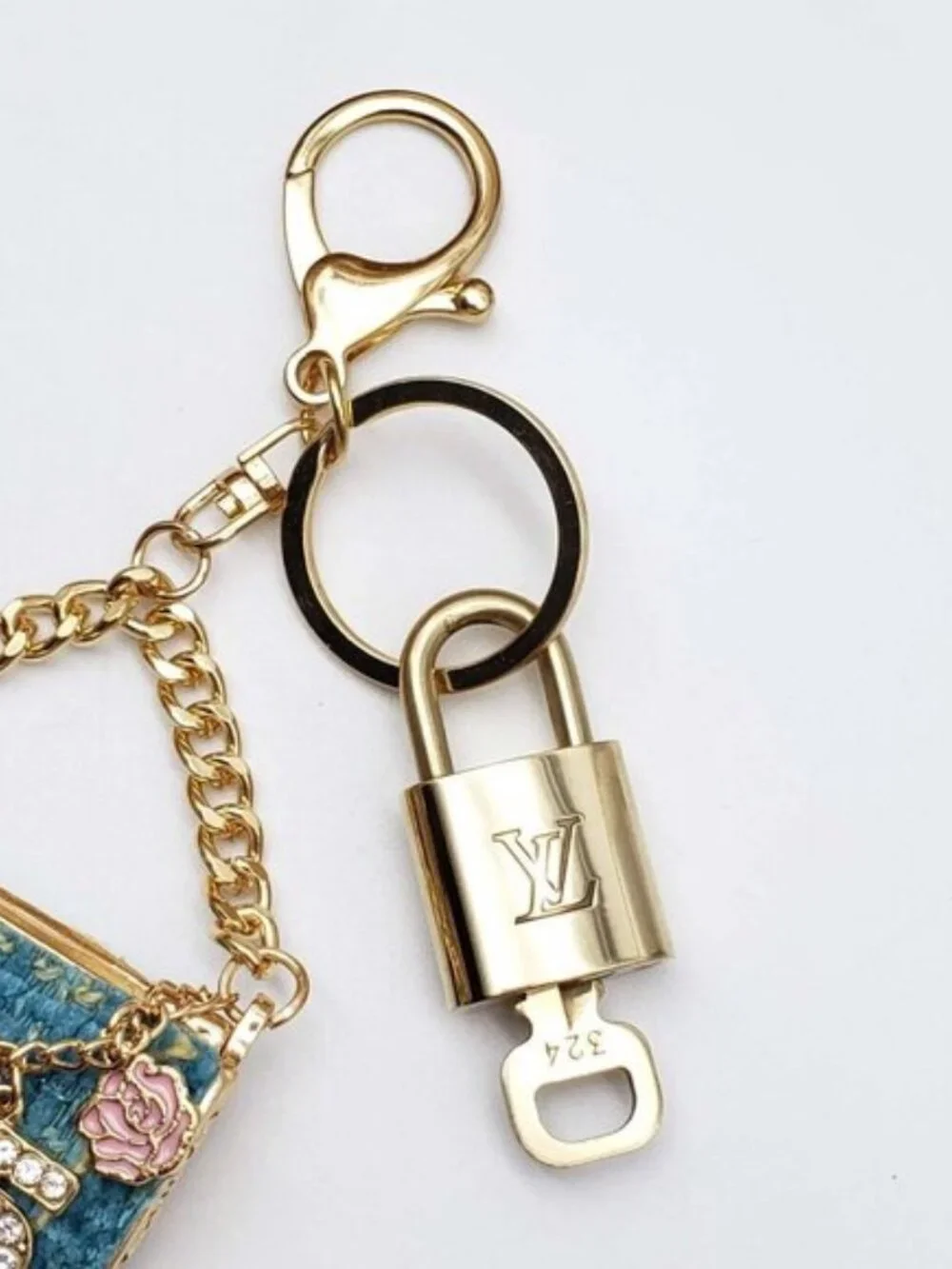 Authentic Louis Vuitton Padlock & Key Gold ✨Unbranded Tweed Bag Charm Keychain
